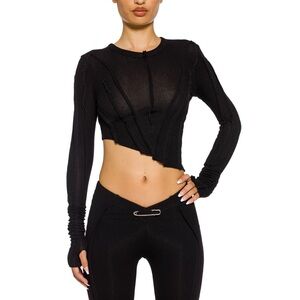 Sami Miro Vintage Asymmetric Long Sleeve Tee in Black Rib Fray Knit size large